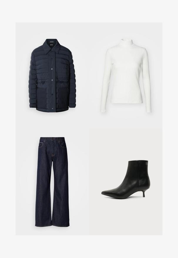 Marineblauer Puffermantel mit Knopfverschluss, ausgestattet mit einem Kragen, zwei Vordertaschen und einem taillierten Design. Glatte Textur mit gesteppetem Muster.; Weißes geripptes Turtleneck-Oberteil mit langen Ärmeln, aus elastischem Stoff. Verfügt über ein enganliegendes Design und einen hohen Kragen für zusätzlichen Schutz.; Weite dunkelblaue Jeans mit hoher Taille, vorderen Taschen und subtilen Nähdetails. Glatte Textur mit klassischem Schnitt.; Schwarzer Leder-Knöchel-Stiefel mit spitzer Spitze und niedrigem Kittenabsatz vor hellem Hintergrund, seitliche Ansicht.