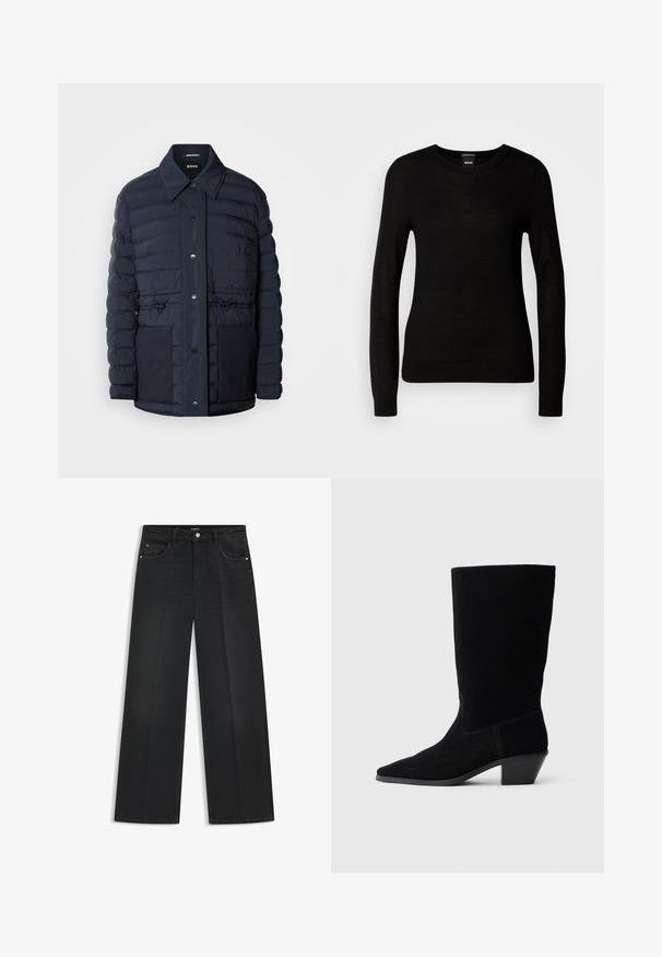 Marineblå pufferjakke med knaplukning, der har krave, to forlommer og en indsnævret taljedesign. Glat tekstur med quiltet mønster.; Sort sweater lavet af et fint strikmateriale, med en rund halsudskæring og lange ærmer med tætsiddende mansjetter. Ingen synlige mønstre eller dekorationer.; Sorte jeans med vide ben lavet af denim, der har et klassisk design med fem lommer, en knaplukning foran og lige kanter.; Sort ruskind ankelstøvle med spidse tæer, mellemhøj skaft og en chunky hæl. Fuldender et minimalistisk design med lidt syninger og en glat tekstur.