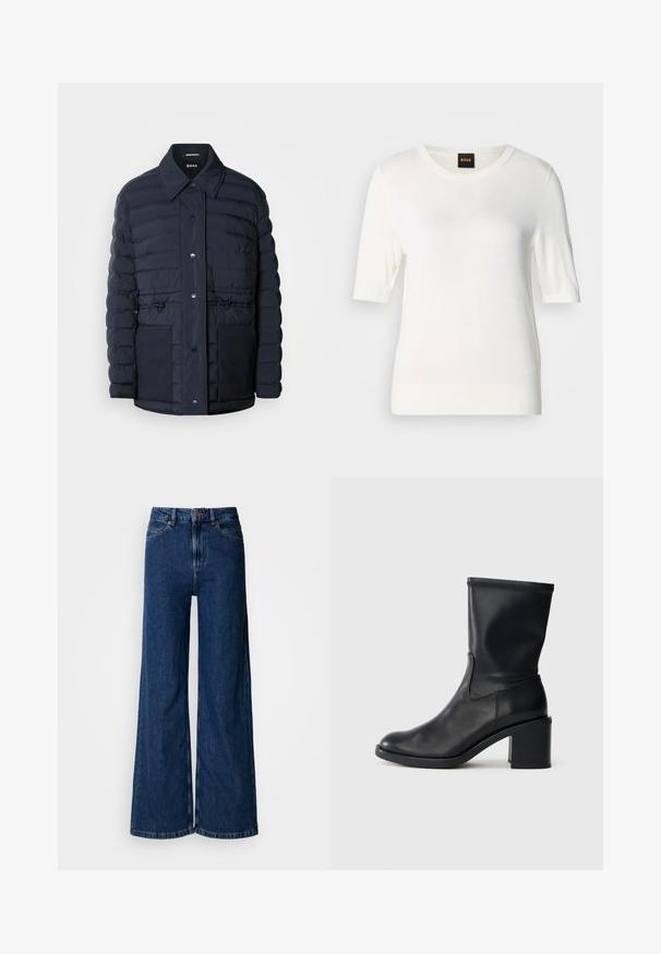 Marineblå pufferjakke med knaplukning, der har krave, to forlommer og en indsnævret taljedesign. Glat tekstur med quiltet mønster.; Hvid strikket sweater med korte ærmer, rund halsudskæring, ribbet kant og ærmegab, med en lille logo detalje nederst på venstre side.; Vidbenede mørkeblå jeans lavet af denim, med høj talje, klassisk fem-lomme-design og subtile syningsdetaljer langs sømmene.; Sort læder ankelstøvle med rund tå, glat tekstur og en grov hæl, der har et tætsiddende skaft og subtil syning.