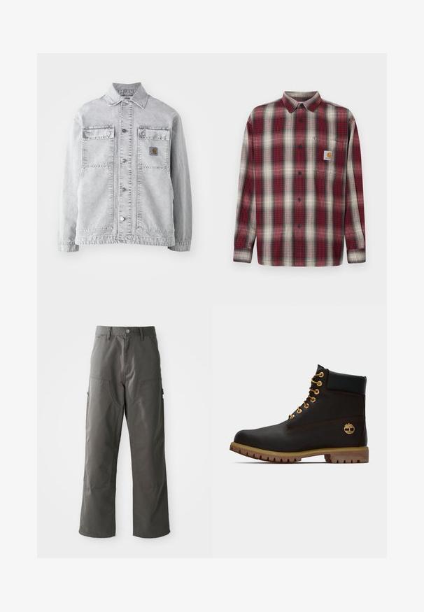 Hellgraue Jeansjacke mit Punktkragen, zwei Vordertaschen, Druckknöpfen und einem dezenten Logo-Patch auf der Brust.; Rot- und grau kariertes Flanellhemd mit Button-Down-Kragen, langen Ärmeln und einer Brusttasche mit Logostickerei. Gewebte Textur.; Graue Cargo-Hosen mit geradem Bein design, ausgestattet mit zwei Fronttaschen und zusätzlichen Seitentaschen für Stauraum. Hergestellt aus strapazierfähigem Stoff.; Schwarze Leder-Ankle-Boots mit goldenen Ösen, braunen Akzenten und einer Gummisohle. Verfügt über einen gepolsterten Schaft und ein geprägtes Logo an der Seite.