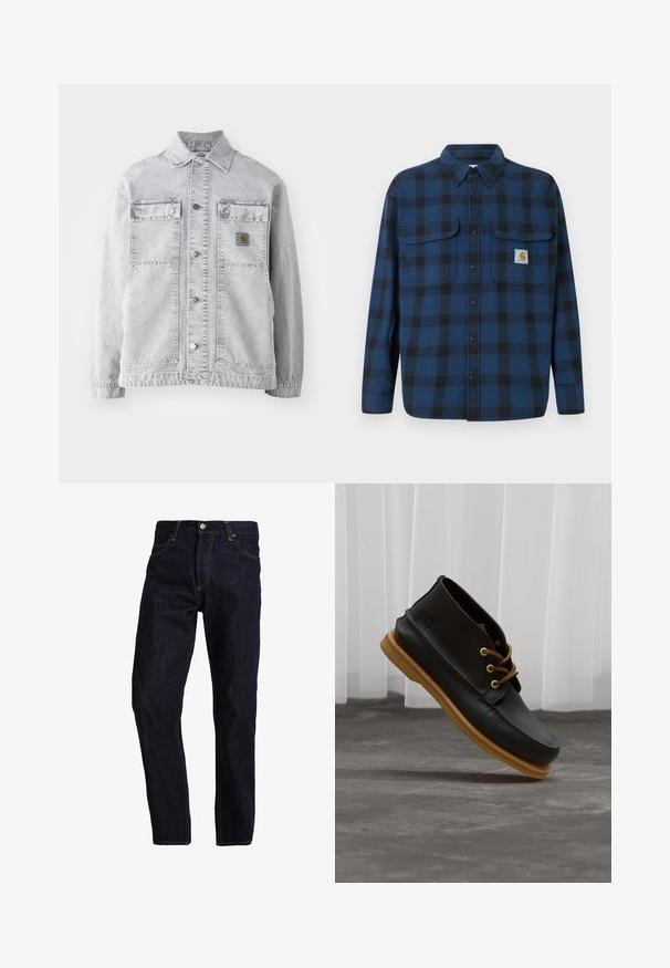 Lichtgrijze denimbomberjack met een puntkraag, twee voorzakken, drukkers en een subtiele logo-opdruk op de borst.; Blauw en zwart geruit flanellen overhemd met lange mouwen, een knoopsluiting aan de voorkant, twee borstzakken en een merklabel op de linkerzak.; Donkerblauwe spijkerbroek met een rechte pasvorm, voorzien van gele stiksels, vijf zakken en een klassieke knoop- en ritsluiting.; Zwarte leren schoenen met een gladde afwerking, ronde neus, bruine veters en lichtbruine rubberen zolen. Logo gegraveerd aan de zijkant.