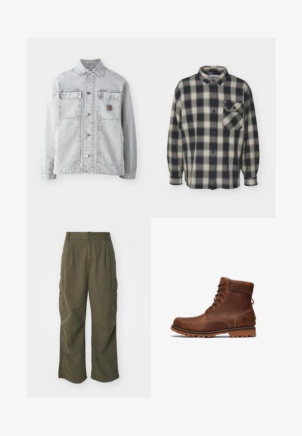 Chaqueta de mezclilla gris claro con cuello tipo punta, dos bolsillos frontales, botones a presión y un sutil parche con logo en el pecho.; Camisa de franela a cuadros en negro y crema con mangas largas, cierre de botones y un bolsillo en el pecho. Textura suave, diseño con cuello y dobladillo recto.; Pantalones cargo en verde oliva, fabricados en algodón, con un diseño de pierna ancha, pliegues y bolsillos laterales para mayor utilidad.; Botín de cuero marrón hasta el tobillo con diseño de cordones, cuello acolchado, costuras en contraste y suela de goma con un patrón de textura.