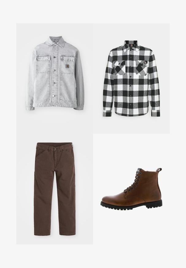 Chaqueta de mezclilla gris claro con cuello tipo punta, dos bolsillos frontales, botones a presión y un sutil parche con logo en el pecho.; Camisa de franela en blanco y negro con un patrón de cuadros, que cuenta con dos bolsillos en el pecho, cierre frontal con botones y un cuello. Tela suave y texturizada.; Pantalones marrones de pierna recta con bolsillos frontales y laterales, cierre de botón y pasadores para cinturón, dispuestos sobre un fondo blanco.; Botas de cuero marrón hasta el tobillo con acabado texturizado, ojales de metal y suela de goma negra con protuberancias. Presenta una lengüeta en la parte posterior para facilitar su uso.