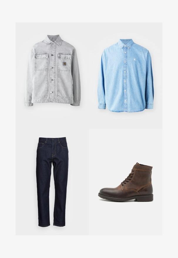 Chaqueta de mezclilla gris claro con cuello tipo punta, dos bolsillos frontales, botones a presión y un sutil parche con logo en el pecho.; Camisa de mezclilla azul claro, con botones y mangas largas, cuello puntiagudo y un pequeño logotipo en el lado izquierdo del pecho. Presenta un corte relajado y un diseño clásico.; Vaqueros de mezclilla azul oscuro con corte recto, cinco bolsillos y costuras amarillas en contraste. Diseñados con un cierre clásico de botón y cremallera.; Jack & Jones JFWDELANEY BOOT - Botines con cordones - cognac