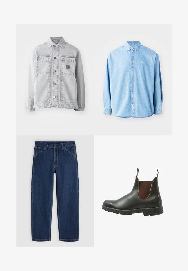Chaqueta de mezclilla gris claro con cuello tipo punta, dos bolsillos frontales, botones a presión y un sutil parche con logo en el pecho.; Camisa de mezclilla azul claro, con botones y mangas largas, cuello puntiagudo y un pequeño logotipo en el lado izquierdo del pecho. Presenta un corte relajado y un diseño clásico.; Vaqueros de mezclilla azul oscuro de corte recto, con cierre frontal de botón y cremallera, bolsillos delanteros en ángulo y costuras blancas visibles.; Botín Chelsea hecho de cuero negro liso con paneles de elastano marrón en los laterales, costuras en contraste y una suela de goma texturizada.