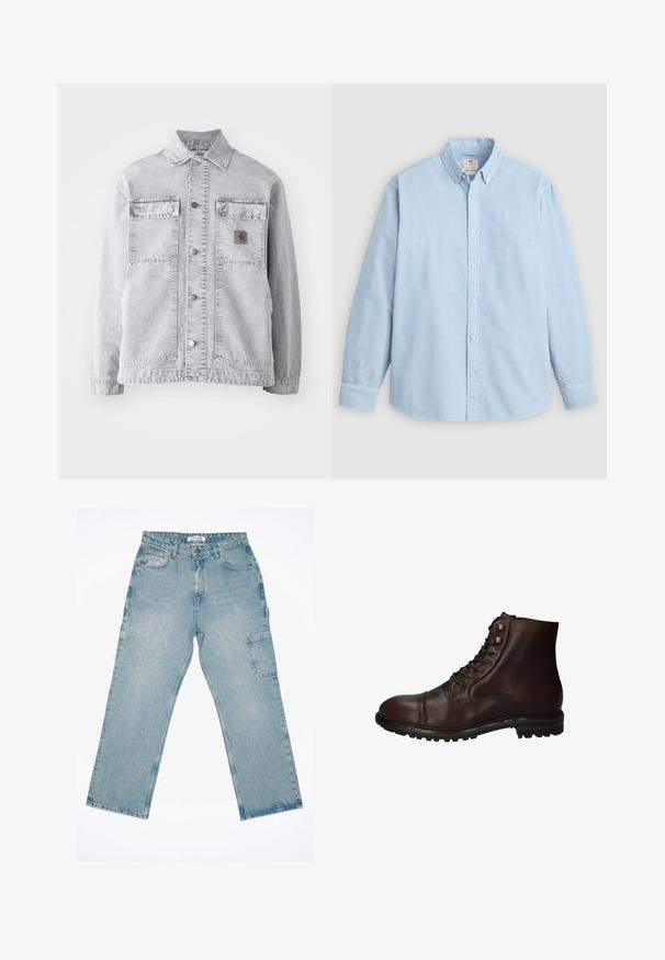 Lichtgrijze denimbomberjack met een puntkraag, twee voorzakken, drukkers en een subtiele logo-opdruk op de borst.; Lichtblauw overhemd met lange mouwen, knoopsluiting, button-down kraag en een enkele borstzak, plat liggend op een grijze achtergrond.; Lichtblauwe denim cargo broek met een recht model, voorzakken en een zijpatchzak. Verweerd textuur en vervaagde afwerking.; Donkergrote leren veterschoenen tot de enkels met een robuuste rubberen zool en metalen veters, gezien vanuit de buitenzijde.