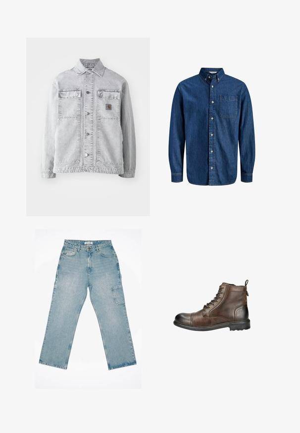 Chaqueta de mezclilla gris claro con cuello tipo punta, dos bolsillos frontales, botones a presión y un sutil parche con logo en el pecho.; Camisa vaquera azul oscuro con mangas largas, cierre frontal de botones, cuello puntiagudo, bolsillo único en el pecho y detalles clásicos de costura.; Pantalones cargo de mezclilla azul claro con diseño de pierna recta, bolsillos frontales y un bolsillo de parche en el lado. Textura desgastada y acabado desvanecido.; Botín de cuero marrón hasta el tobillo con puntera redondeada, cordones en la parte delantera y una cinta en la parte trasera para facilitar su uso. Cuenta con una suela resistente con tacos para mayor tracción.