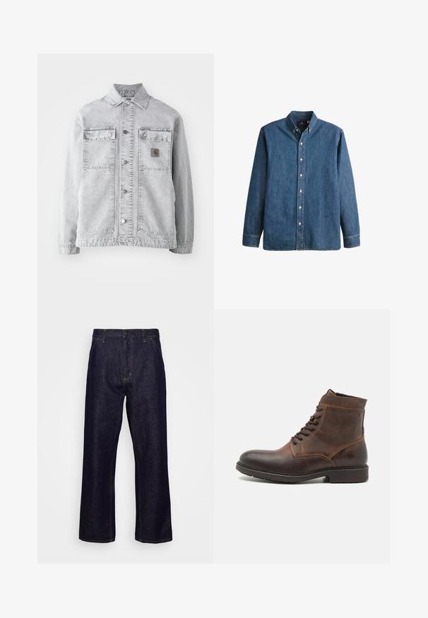 Lichtgrijze denimbomberjack met een puntkraag, twee voorzakken, drukkers en een subtiele logo-opdruk op de borst.; Denim overhemd met knopen in middelblauwe kleur, met lange mouwen, een puntkraag, witte knopen en een getailleerde pasvorm met subtiele geborduurde logo.; Donkerblauwe denim jeans met rechte pijpen, voorzakken, riemlussen, ritssluiting en knoopsluiting, weergegeven tegen een eenvoudige witte achtergrond.; Jack & Jones JFWDELANEY BOOT - Veterboots - cognac