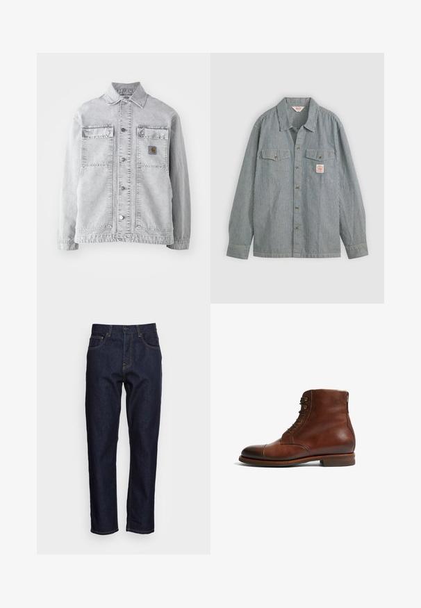 Chaqueta de mezclilla gris claro con cuello tipo punta, dos bolsillos frontales, botones a presión y un sutil parche con logo en el pecho.; Camisa de botones a rayas en azul y blanco, con cuello, dos bolsillos en el pecho y una pequeña etiqueta. Hecha de un tejido ligero.; Vaqueros de mezclilla azul oscuro con corte recto, cinco bolsillos y costuras amarillas en contraste. Diseñados con un cierre clásico de botón y cremallera.; Botas de tobillo de cuero marrón con punta redondeada, 6 ojetes y un acabado de textura suave. Presentan un tacón bajo apilado y costuras en contraste.