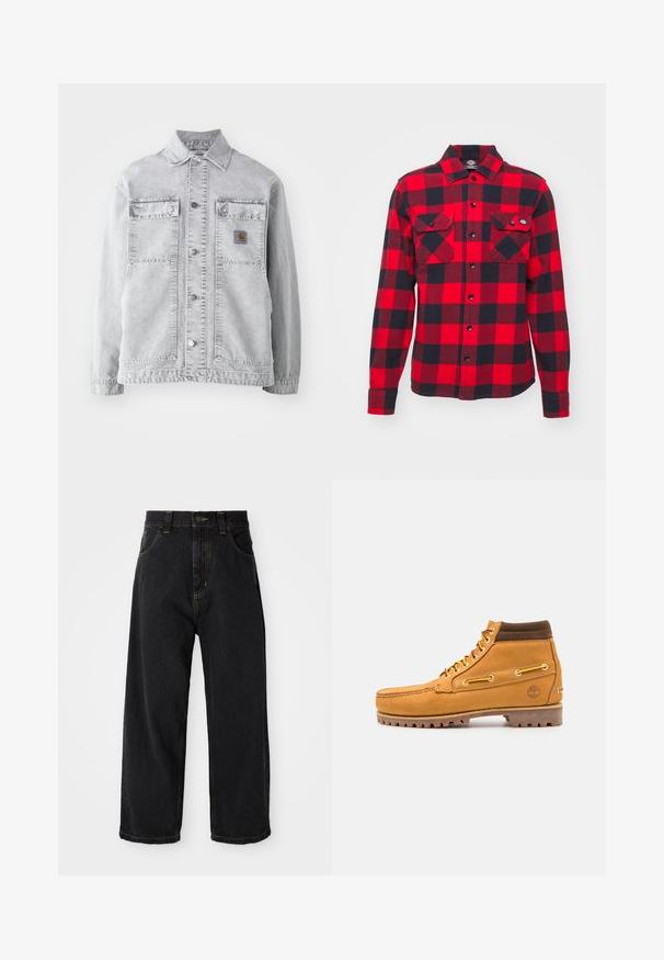 Chaqueta de mezclilla gris claro con cuello tipo punta, dos bolsillos frontales, botones a presión y un sutil parche con logo en el pecho.; Camisa de franela a cuadros rojos y negros con mangas largas, dos bolsillos en el pecho y cierre de botones, que presenta un collar clásico y una tela texturizada.; Jeans de denim negros de pierna ancha con cintura alta, botón frontal, cremallera y costuras amarillas en los bolsillos y costuras.; Timberland AUTHENTIC MID LACE BOOT - Botines con cordones - wheat