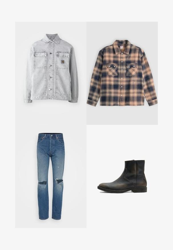 Lichtgrijze denimbomberjack met een puntkraag, twee voorzakken, drukkers en een subtiele logo-opdruk op de borst.; Geruite overhemdjas met lange mouwen in beige en donkerblauw met twee klepzakken aan de voorkant en witte drukknopen in het midden.; Lichtblauwe ripped jeans met een rechte pijpdesign, rafelige kniebesneden en klassieke vijf-pocket styling met metalen hardware.; AllSaints LANG - Lage laarzen - brown