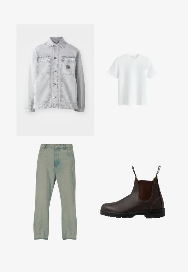 Chaqueta de mezclilla gris claro con cuello tipo punta, dos bolsillos frontales, botones a presión y un sutil parche con logo en el pecho.; Camiseta blanca lisa de algodón con mangas cortas y cuello redondo, mostrada sobre un fondo blanco.; Vaqueros de pierna recta en azul claro con botón delantero, trabillas para cinturón y bolsillos delanteros, mostrados sobre un fondo blanco.; Bota Chelsea de cuero marrón con panel elástico lateral, costuras marrones, tiradores y suela de goma resistente con un patrón texturizado.