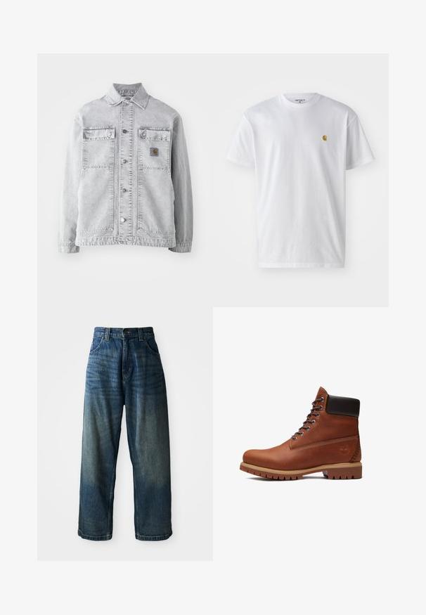 Veste en denim gris clair avec un col pointu, deux poches avant, des boutons-pression et un discret patch logo sur la poitrine.; T-shirt en coton blanc à manches courtes, col rond, avec un petit logo doré sur la poitrine gauche. Texture douce et coupe régulière.; Jean en denim bleu taille large avec une finition délavée. Comprend cinq poches, une fermeture à bouton et des coutures contrastées. Tissu de poids lourd.; Botte à lacets en cuir marron avec col rembourré noir, semelle épaisse couleur tan, et logo d'arbre embossé sur le côté du talon.