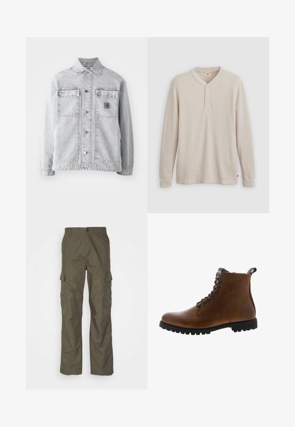 Lichtgrijze denimbomberjack met een puntkraag, twee voorzakken, drukkers en een subtiele logo-opdruk op de borst.; Lange mouwen henley-shirt in lichtbeige ribbelstof, met een V-hals, een drieknoopsluiting en manchetten. Rode logo-label aan de onderkant.; Olijfgroene cargobroek met rechte snit, gemaakt van gestructureerde stof. Bevat grote zijzakken en een knoopsluiting.; Bruine leren enkelbotten met een gestructureerde afwerking, metalen oogjes en een zwarte rubberen profielzool. Voorzien van een trekband aan de achterkant voor gemakkelijke instap.