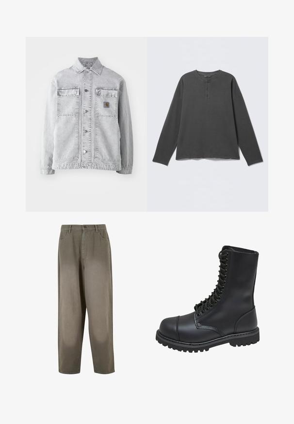 Hellgraue Jeansjacke mit Punktkragen, zwei Vordertaschen, Druckknöpfen und einem dezenten Logo-Patch auf der Brust.; Dunkelgraues Langarm-Henley-Shirt mit rundem Ausschnitt und drei Knöpfen an der vorderen Blende.; Helle grüne, weite Hosen aus weichem Stoff. Verfügt über einen Knopfverschluss, Vorderseiten-Taschen und eine insgesamt glatte Textur.; Schwarze Lederkampfstiefel mit hohem Schaft, Schnürung an der Vorderseite, gepolstertem Kragen und rutschfester, strukturierter Sohle für guten Halt. Mit verstärkter Zehenkappe.