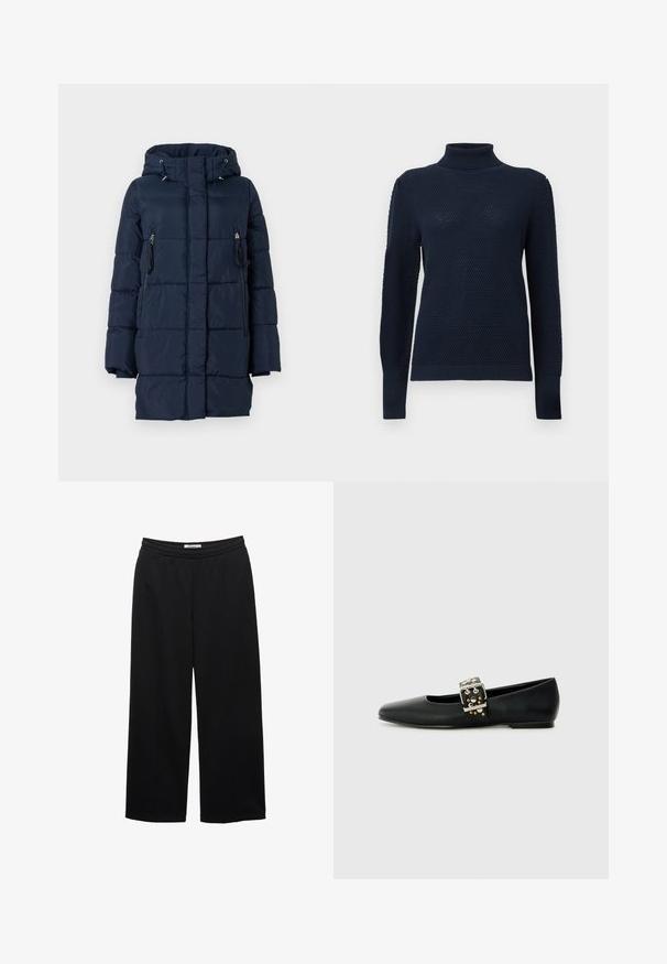 Námornícko modrá puffa bunda s kapucňou, ktorá má bočné vrecká na zips a prešívaný dizajn. Vyrobená z hladkého, ľahkého materiálu.; Námornícky modrý rolák so štruktúrovaným pleteným vzorom, dlhými rukávmi a rebrovanými manžetami a spodným okrajom. Hladký povrch látky.; Čierne široké nohavice s elastickým pásom, s hladkou textúrou a dvoma prednými záhybmi pre väčší detail.; Replay SABINE STUDS - Balerínky - black