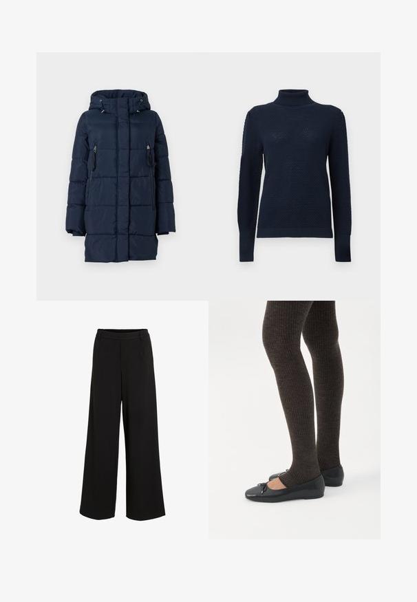 Námornícko modrá puffa bunda s kapucňou, ktorá má bočné vrecká na zips a prešívaný dizajn. Vyrobená z hladkého, ľahkého materiálu.; Námornícky modrý rolák so štruktúrovaným pleteným vzorom, dlhými rukávmi a rebrovanými manžetami a spodným okrajom. Hladký povrch látky.; Čierne nohavice s širokými nohavicami vyrobené z hladkej látky. Majú priliehavý pás s jemným detailom záhybu a čistý, nezdobený dizajn.; Nohy v tmavých pásikavých legínach v kombinácii s čiernymi balerínkami s malými mašličkami na bielom pozadí.