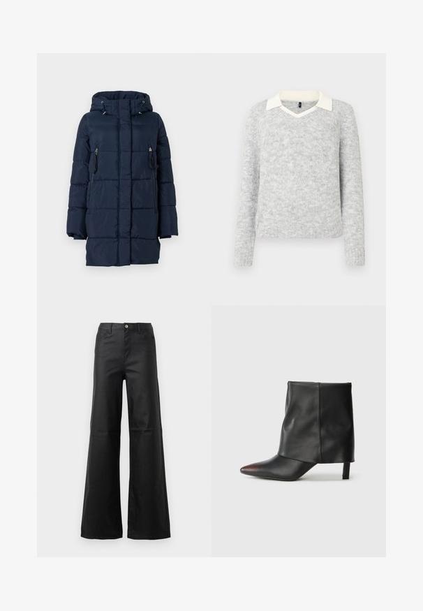 Mørkeblå dunjakke med hætte, der har lynlåslommer på siderne og en quiltet design. Fremstillet af et glat, let materiale.; Lys grå strikket sweater med lange ærmer og detaljer med hvid V-halskrave, ribbet kant og manchetter, vist på hvid baggrund.; Sorte brede jeans lavet af glat denim, med knaplukning, forlommer og højtaljede design.; Sort ankelstøvle lavet af glat læder med spids tå og tilspidset hæl. Overdelen har et let rynket design.