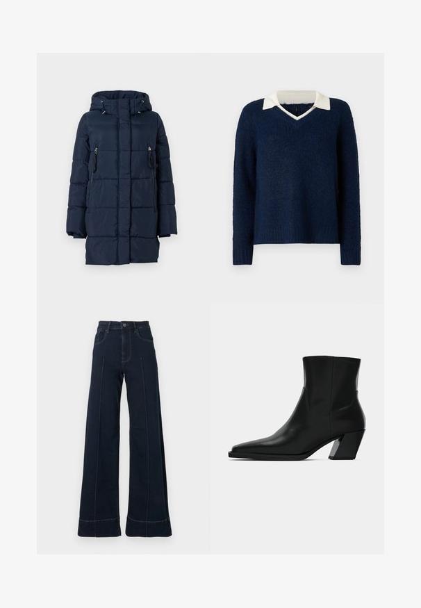 Mørkeblå dunjakke med hætte, der har lynlåslommer på siderne og en quiltet design. Fremstillet af et glat, let materiale.; Mørkeblå sweater med en tekstureret overflade, V-hals og en kontrasterende hvid krave. Har lange ærmer og en afslappet pasform.; Mørkeblå, vide jeans med høj talje, der har forlommer og synlige sømme. Lavet af denimstof med en glat tekstur.; Sortlæder ankelstøvle med spids tå, en slank silhuet og en kraftig firkantet hæl. Glat tekstur med minimale stikninger.