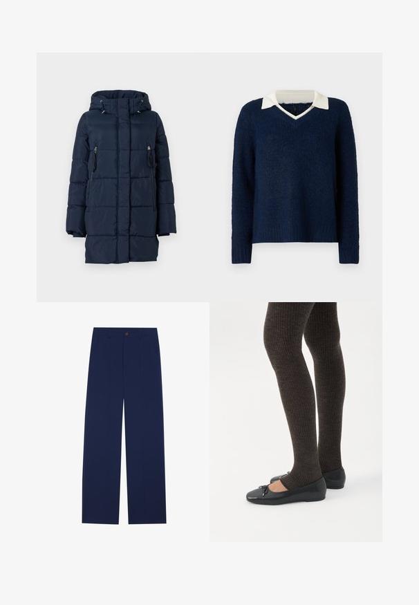 Mørkeblå dunjakke med hætte, der har lynlåslommer på siderne og en quiltet design. Fremstillet af et glat, let materiale.; Mørkeblå sweater med en tekstureret overflade, V-hals og en kontrasterende hvid krave. Har lange ærmer og en afslappet pasform.; Marineblå brede bukser lavet af glat stof, med forlommer, knaplukning og en skræddersyet design med folder.; Ben iført mørke ribbede leggings kombineret med sorte balletsko med små sløjfedetaljer på hvid baggrund.