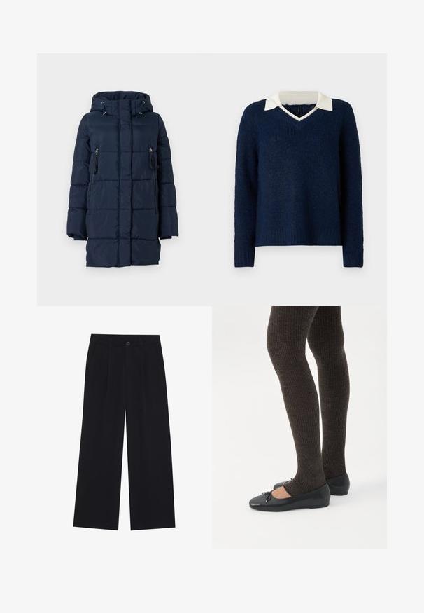 Mørkeblå dunjakke med hætte, der har lynlåslommer på siderne og en quiltet design. Fremstillet af et glat, let materiale.; Mørkeblå sweater med en tekstureret overflade, V-hals og en kontrasterende hvid krave. Har lange ærmer og en afslappet pasform.; Sorte brede bukser lavet af et glat materiale. Har for-tryk, en knaplukning og sidelommer. Enkelt design uden mønstre.; Ben iført mørke ribbede leggings kombineret med sorte balletsko med små sløjfedetaljer på hvid baggrund.