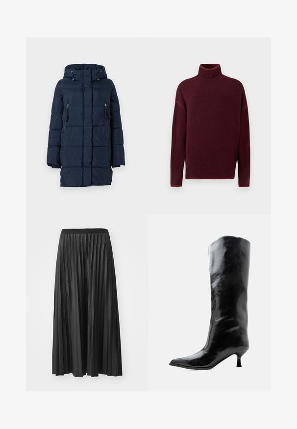 Mørkeblå dunjakke med hætte, der har lynlåslommer på siderne og en quiltet design. Fremstillet af et glat, let materiale.; Burgunderrød rullekrave sweater med ribbet krave og manchetter, lavet af blødt materiale, med sænkede skuldre og en afslappet pasform.; Sort plisseret maxiskørt med en glat tekstur og elastisk talje, der har lodrette folder som skaber volumen og bevægelse.; Sort skinnende knæhøj læderstøvle med spids tå og lav buet hæl på en ensfarvet lys baggrund.