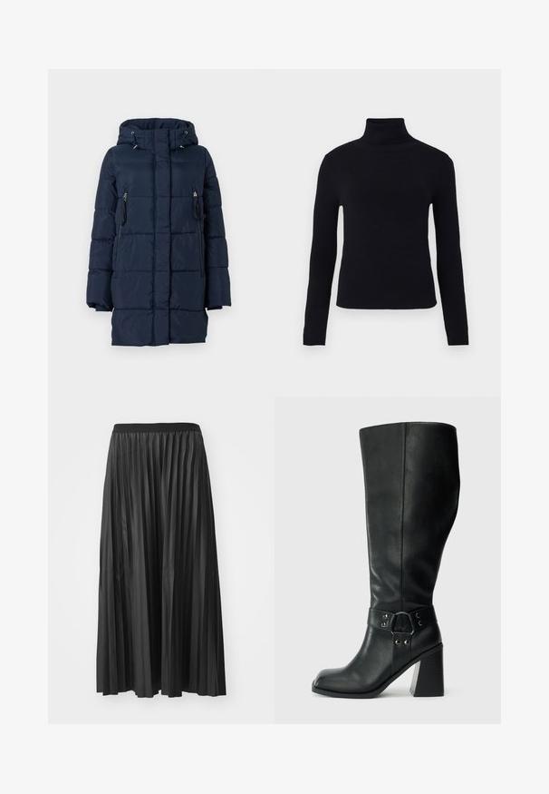 Námornícko modrá puffa bunda s kapucňou, ktorá má bočné vrecká na zips a prešívaný dizajn. Vyrobená z hladkého, ľahkého materiálu.; Čierny rolák s dlhými rukávmi, hladká textura, priliehavý strih a hrubý rebrovaný golier, vhodný na vrstvenie.; Čierna plisovaná maxi sukňa s hladkou štruktúrou a elastickým pásom, s vertikálnymi sklady, ktoré vytvárajú objem a pohyb.; Čierne kožené čižmy po kolená so štvorcovým špicom, širokým klinom a ozdobným remienkom s kovovými detailmi okolo členka. Hladký povrch.