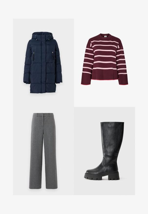 Mørkeblå dunjakke med hætte, der har lynlåslommer på siderne og en quiltet design. Fremstillet af et glat, let materiale.; Maroonsweater med horisontale lyserøde striber. Rund halsudskæring, ribbede manchetter og kant. Har et cropped design med lyserøde detaljer.; Grå bukser med et tekstureret, vævet materiale. Bredbenet design, flad front og ingen synlige hardware eller accenter. Egnet til formel påklædning.; Sorte knæhøje støvler i glat læder med en tyk, tekstureret sål og diskrete syninger langs den ydre side.