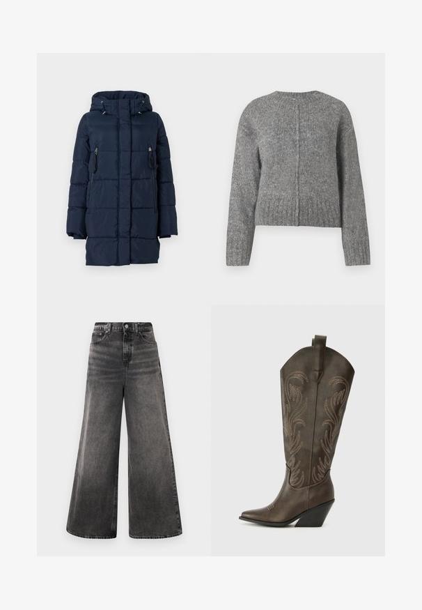Mørkeblå dunjakke med hætte, der har lynlåslommer på siderne og en quiltet design. Fremstillet af et glat, let materiale.; Grå strikket sweater med lange ærmer og rund halsudskæring. Har et cropped design og lodret ribbet struktur. Ingen synlig hardware.; Bredde sorte denim jeans med en blødvasket finish, fem-lomme design og knaplukning i taljen, med stikninger som detaljer.; Brune læder cowboystøvle med spids tå, kilehæl og dekorativ broderi. Har en høj stok og en trækflap.