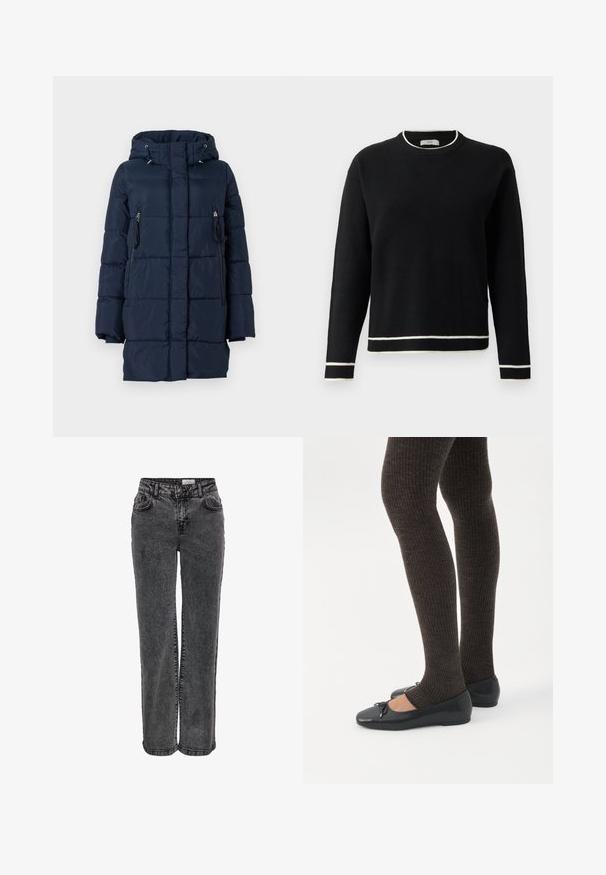 Navyblauwe gewatteerde jas met een capuchon, voorzien van ritszakken aan de zijkant en een geborduurde ontwerp. Gemaakt van een glad, lichtgewicht materiaal.; Zwarte langjarige crewneck trui met witte afwerking op de kraag, manchetten en zoom, weergegeven tegen een effen witte achtergrond.; Zwarte denim jeans met een rechte pijpdesign, voorzien van zijzakken, riemlussen en een subtiele vervaagde textuur.; Benen met donkere geribbelde leggings gecombineerd met zwarte ballerina's met kleine strikdetails op een witte achtergrond.