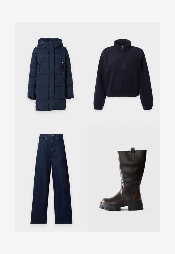 Mørkeblå dunjakke med hætte, der har lynlåslommer på siderne og en quiltet design. Fremstillet af et glat, let materiale.; Marineblå fleece-pullover med lange ærmer, halvlange lynlås foran, høj krave og elastiske manchetter og kant.; Mørkeblå vidde jeans med knaplukning foran og lommer, vist fladt mod en hvid baggrund.; Høj sort læderstøvle med chunky sort platformsål og brun accent på hælen, set fra siden på lys grå baggrund.