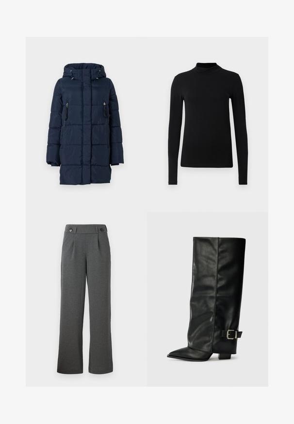 Mørkeblå dunjakke med hætte, der har lynlåslommer på siderne og en quiltet design. Fremstillet af et glat, let materiale.; Sort langærmet turtleneck skjorte lavet af glat stof; tætsiddende design med høj krave og ingen synlige sømme. Enkel, ensfarvet.; Grå brede bukser lavet af struktureret stof, med høj talje, frontfolder og to knapper i taljen.; Sorte læder ankelstøvler i ankellængde med spids tå, glat tekstur og en sølvspændeaccents på siden. Kraftig firkantet hæl.