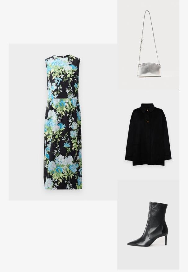AERON CRANE JACKET - Klassisk frakke - black; Blomsterkjole uden ærmer med sort baggrund, prydet med blå og grønne blomster, glat tekstur, knælang design og rund halsudskæring.; Sorte ankelstøvler lavet af glat læder, med spids tå, tætsiddende skaft og en slank høj hæl. Minimalistisk design uden synligt hardware.; Sølvmetallic crossbody-taske med justerbar rem og diskret logo foran mod en ensartet lys baggrund.