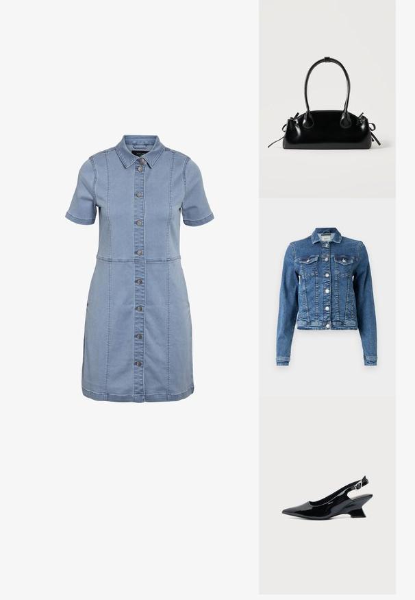 Denimjack in medium blauw met een klassiek ontwerp, vijf knopen, twee borstzakken en lange mouwen. Heeft een licht verouderde textuur.; Lichtblauwe spijkerhemdjurk met een kraag, korte mouwen, knopen aan de voorkant en zijzakken, met verticale naaddetails overal.; Zwarte lakleren slingback schoen met spitse neus en lage schuine blokhak op een effen lichte achtergrond.; Kleine zwarte glanzende handtas met twee lange hengsels en zijkant trekkoord details op een effen lichte achtergrond.