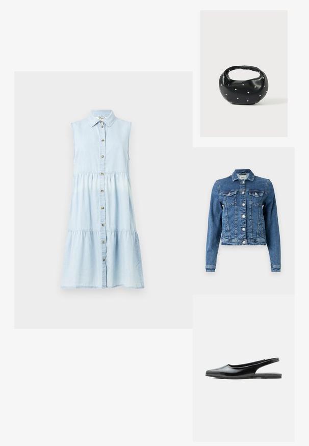 Denimjakke i mellemblå med et klassisk design, fem knapper, to brystlommer og lange ærmer. Har en let slidt tekstur.; Lyseblå denimkjole med krave, ærmeløs design, knaplukning foran og lagdelt skørt. Har en afslappet pasform og blød tekstur.; Sort laklæder flad slingback-sko med spids tå og lav hæl på hvid baggrund.; Sort læderhåndtaske med en rundet form, dekoreret med sølvnitter, og et kort håndtag. Glat tekstur og lynlåslukning.