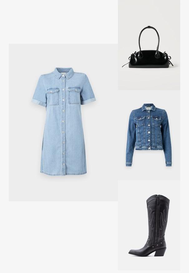 Denimjakke i mellemblå med et klassisk design, fem knapper, to brystlommer og lange ærmer. Har en let slidt tekstur.; Lyseblå denimkjole med korte ærmer, knaplukning fortil, to brystlommer og opkrøllede ærmer. Glat tekstur og lige skæring.; Sorte cowboystøvler i læder med spids tå, synlige sømme, sølvfarvede nitte-detaljer og lynlås på den indvendige side.; Lille sort blank håndtaske med to lange håndtag og snøre-detaljer i siden på en ensfarvet lys baggrund.