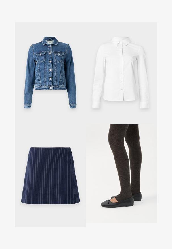 Veste en denim bleue moyenne avec un design classique, cinq boutons, deux poches poitrine et des manches longues. Présente une texture légèrement déchirée.; Chemise blanche à manches longues avec boutons, col pointu, ourlet droit et silhouette ajustée, présentée sur un fond clair uni.; Jupe bleu marine avec de fines rayures verticales blanches et une coupe droite au-dessus du genou, présentée sur un fond blanc uni.; Jambes portant des leggings côtelés foncés associés à des ballerines noires avec de petits détails en nœud sur fond blanc.