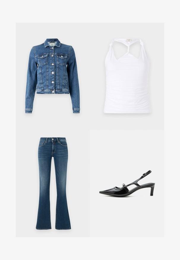 Denimjakke i mellemblå med et klassisk design, fem knapper, to brystlommer og lange ærmer. Har en let slidt tekstur.; Hvid ærmeløs top med knyttet design ved halsen, som har samlende struktur langs siderne. Fremstillet af strækbart materiale.; Blå denim højtaljede jeans med let falmning, forlommer, knap, lynlås og udvidede ben mod en lys ensfarvet baggrund.; Sort laklæder spids tå slingback sko med lav hæl og to justerbare spænder, vist i sideprofil.