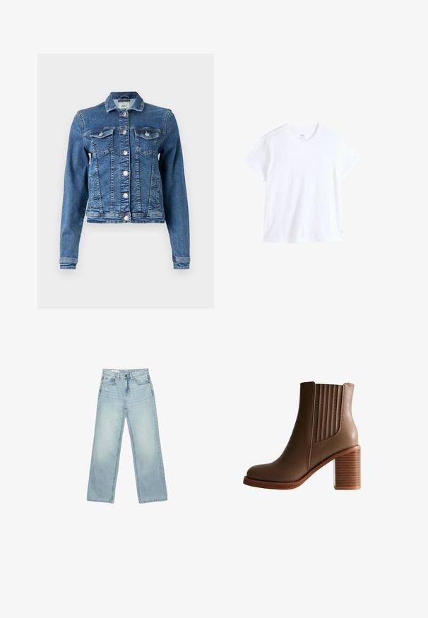 Denimjakke i mellemblå med et klassisk design, fem knapper, to brystlommer og lange ærmer. Har en let slidt tekstur.; Hvid bomuld t-shirt med korte ærmer, rund halsudskæring og lige kant. Har en lille rød logoetiket på nederste venstre side.; Lyseblå højtaljede brede jeans med let slid på forlommer og lår, knaplukning og design med fem lommer.; Brun læder ankelstøvle med stablet blokhæl og elastiske sidepaneler for nem påtagning, vist i profilvisning på hvid baggrund.