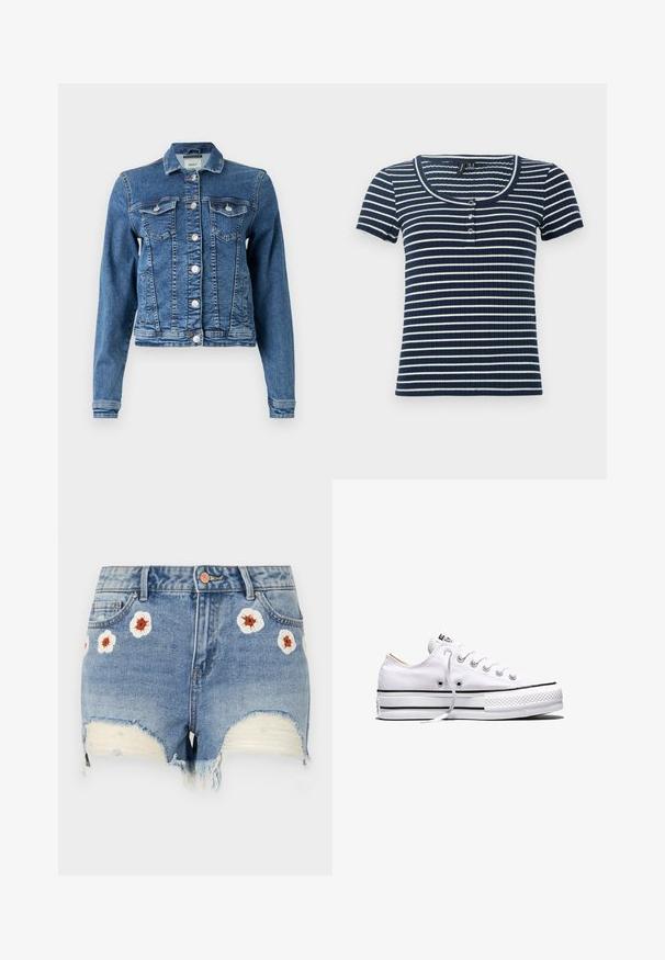 Denimjakke i mellemblå med et klassisk design, fem knapper, to brystlommer og lange ærmer. Har en let slidt tekstur.; Mørkeblå og hvidstribet kortærmet ribbet top med rund halsudskæring og tre-knaps lukning foran. Blød, tætsiddende tekstur.; Denimshorts med en frynset kant, lys blå farve, med blomsterbroderi i hvid og brun rundt om fronten. Fem-lommers design.; Hvid lavtop lærredssneakers med hvide snørebånd, sorte striber på sålen og gummieret tekstureret tåhætte, sidevendt på hvid baggrund.