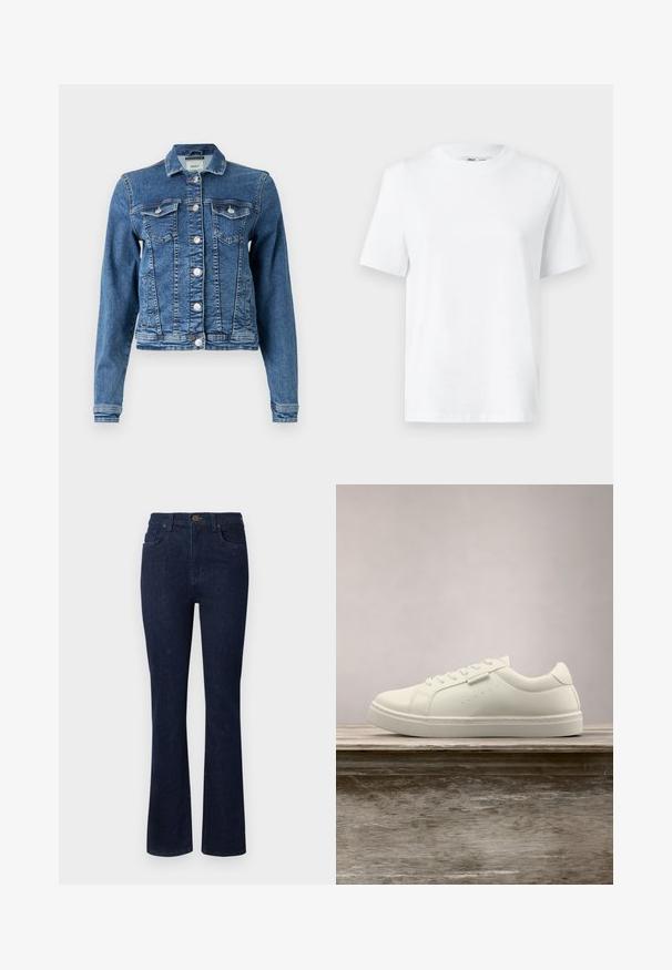 Denimjakke i mellemblå med et klassisk design, fem knapper, to brystlommer og lange ærmer. Har en let slidt tekstur.; Hvid bomulds T-shirt med rund hals, kortærmet og en glat tekstur. Designet med en afslappet pasform for komfort og alsidighed.; Mørkeblå denim jeans med design i flared ben, fem lommer og knaplukning i taljen. Glat tekstur med minimal syning.; Hvide lædersneakers med snørebånd svævende over en træbænk, grøn høj græs sløret i baggrunden udendørs.