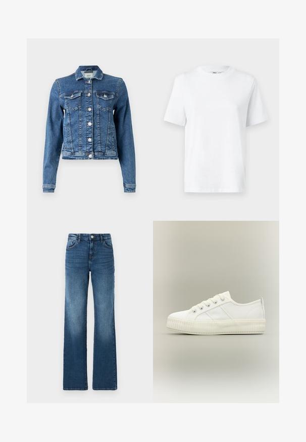 Denimjakke i mellemblå med et klassisk design, fem knapper, to brystlommer og lange ærmer. Har en let slidt tekstur.; Hvid bomulds T-shirt med rund hals, kortærmet og en glat tekstur. Designet med en afslappet pasform for komfort og alsidighed.; Blå denimjeans med lige ben, fem lommer, let falmning, knaplukning og kontrastsyede detaljer.; Hvid lavtop sneaker med tyk ribbet sål, snørelukning foran og trækflap på hælen mod en neutral baggrund.