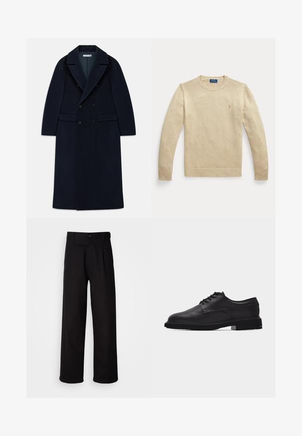 Abrigo largo de lana azul marino con doble botonadura, solapas anchas y bolsillos con solapa, diseñado para climas fríos.; Jersey beige de punto con mangas largas y cuello redondo, puños y bajo acanalados, con un pequeño logo bordado de Polo Ralph Lauren en el pecho.; Pantalones negros hechos de una tela suave, con un diseño de pierna recta, pliegues frontales y un cierre de botón en la cintura.; Zapato de vestir para hombre de cuero negro con cordones, acabado liso y suela gruesa de goma, mostrado de perfil sobre fondo blanco.