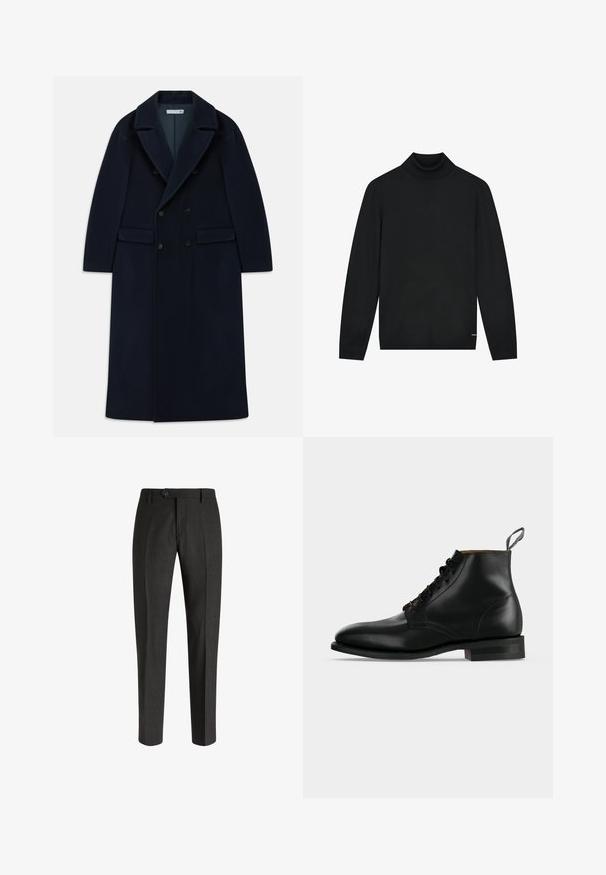 Abrigo largo de lana azul marino con doble botonadura, solapas anchas y bolsillos con solapa, diseñado para climas fríos.; Suéter negro de cuello alto hecho de material suave, con mangas largas y un cuello ajustado. Diseño minimalista sin patrones visibles.; Boggi Milano Pantalones chinos - charcoal; Bota de tobillo de cuero negro con cordones delanteros, tacón bajo y lengüeta trasera, mostrada de perfil derecho sobre fondo blanco.