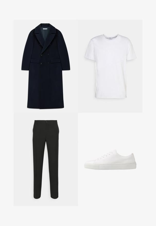 Abrigo largo de lana azul marino con doble botonadura, solapas anchas y bolsillos con solapa, diseñado para climas fríos.; Camiseta blanca de manga corta hecha de algodón. Presenta un escote redondo y un corte holgado, sin patrones ni acentos visibles.; Pantalones negros ajustados con corte recto, que cuentan con un cierre de un solo botón y trabillas para cinturón. Tejido liso, mate y sin patrones.; Zapatilla blanca de cuero con un acabado suave, puntera redonda y seis ojales para los cordones. Cuenta con una suela de goma texturizada y un diseño minimalista.