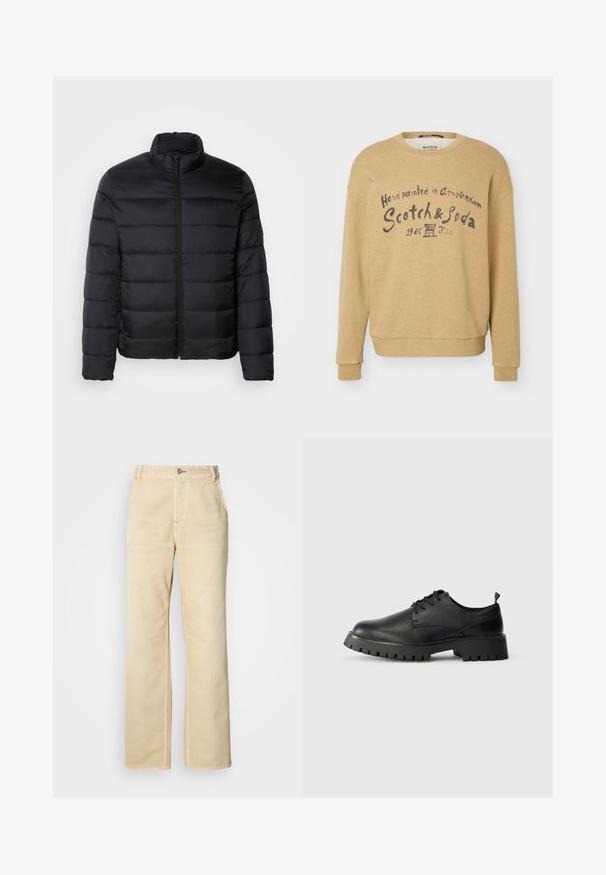 Zwarte pufferjack met een hoge kraag, gedetailleerd met stiksel, volledige ritssluiting aan de voorkant en lange mouwen. Glad, glanzend materiaal met een minimalistische uitstraling.; Beige sweatshirt met lange mouwen, ronde hals en donkerblauwe tekst op de voorkant met de tekst "Handpainted in Amsterdam Scotch & Soda 1985".; Khaki wijde broekspijpen gemaakt van zachte katoen, met een enkele knoopsluiting, steekzakken aan de voorkant en zichtbare stiksels langs de naden.; Zwarte leren veterschoenen met een ronde neus, een gestructureerd oppervlak en een chunky rubberen zool met diepe profielen voor grip.