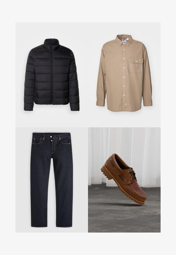 Veste doudoune noire avec un col haut, un design matelassé, une fermeture éclair sur toute la longueur à l'avant et des manches longues. Tissu lisse et brillant avec un look minimaliste.; Débardeur, manches longues, tissu coton beige clair, fermeture à boutons, poche poitrine simple avec rabat, col classique, ourlet droit.; Jean droit bleu foncé avec braguette à boutons, poches avant et arrière, et détails en rivets de cuivre sur un fond gris clair.; Chaussure de bateau en cuir marron avec des lacets noirs, des coutures beiges et une semelle robuste, suspendue au-dessus d'un sol en béton gris.
