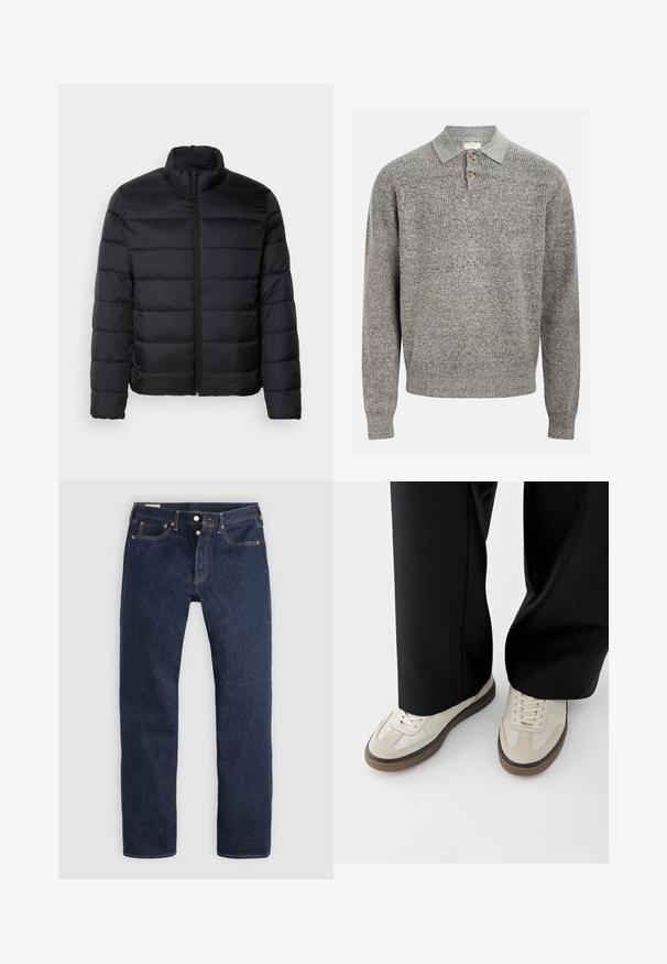 Veste doudoune noire avec un col haut, un design matelassé, une fermeture éclair sur toute la longueur à l'avant et des manches longues. Tissu lisse et brillant avec un look minimaliste.; Pull en maille gris avec col polo, comportant trois boutons. Texture côtelée et manches longues. Design simple et classique.; Jean droit bleu foncé avec braguette à boutons, poches avant et arrière, et surpiqûres contrastantes, posé à plat sur un fond clair.; Pieds portant des baskets beige avec des semelles marron et un pantalon noir à jambes larges sur fond blanc.