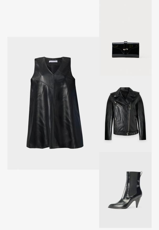 Schwarze Leder-Motorradjacke mit taillierter Passform, diagonaler Reißverschlussfront und silbernen Hardware-Akzenten. Verfügt über eine taillierbare Taille und eine strukturierte Oberfläche.; Schwarzes ärmelloses Lederkleid mit V-Ausschnitt und asymmetrischen Nahtdetails, knielang, vor einem weißen Hintergrund präsentiert.; Schwarze, glänzende Leder-Stiefelette mit spitzer Zehenpartie, elastischem Seitenpanel, Zuglasche hinten und mittelhohem Kegelabsatz.; Schwarze glänzende rechteckige Brieftasche mit einem vorderen Riemen und silberner Metallverschluss, vor einem schlichten weißen Hintergrund.