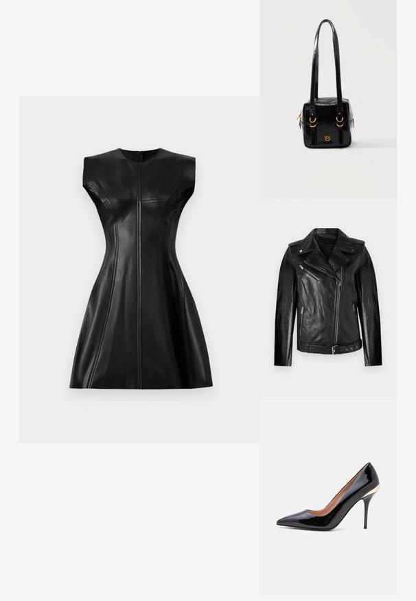 Schwarze Leder-Motorradjacke mit taillierter Passform, diagonaler Reißverschlussfront und silbernen Hardware-Akzenten. Verfügt über eine taillierbare Taille und eine strukturierte Oberfläche.; Schwarzes Lederkleid mit einem taillierten Oberteil, hohem Halsauschnitt und einem ausgestellten Rock. Bemerkenswerte Nähdetails entlang der Nähte und einem Reißverschluss auf der Rückseite.; Schwarzer Pumps aus Lackleder mit spitzer Schuhspitze, schlankem Stilettabsatz und goldenem Akzent nahe der Fersenkappe.; Schwarze glänzende quadratische Lederhandtasche mit langen Riemen, goldfarbenen Metallringen, Reißverschluss und kleinem goldfarbenem Logo auf der Vorderseite.